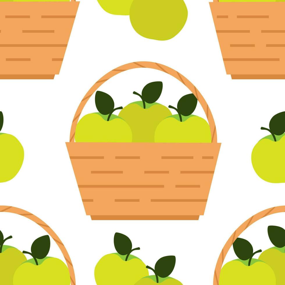 Vector seamless pattern with straw baskets with green apples in cartoon style
