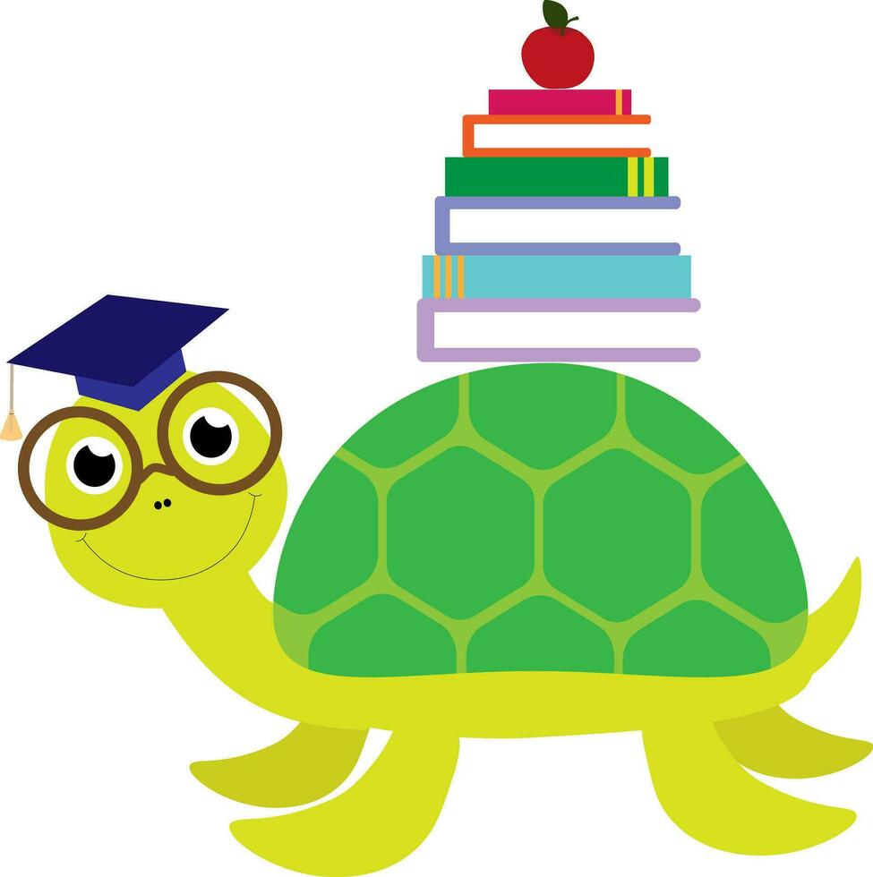 Vector illustration of cute turtle in glasses with pile of books and apple in cartoon style. Back to school template