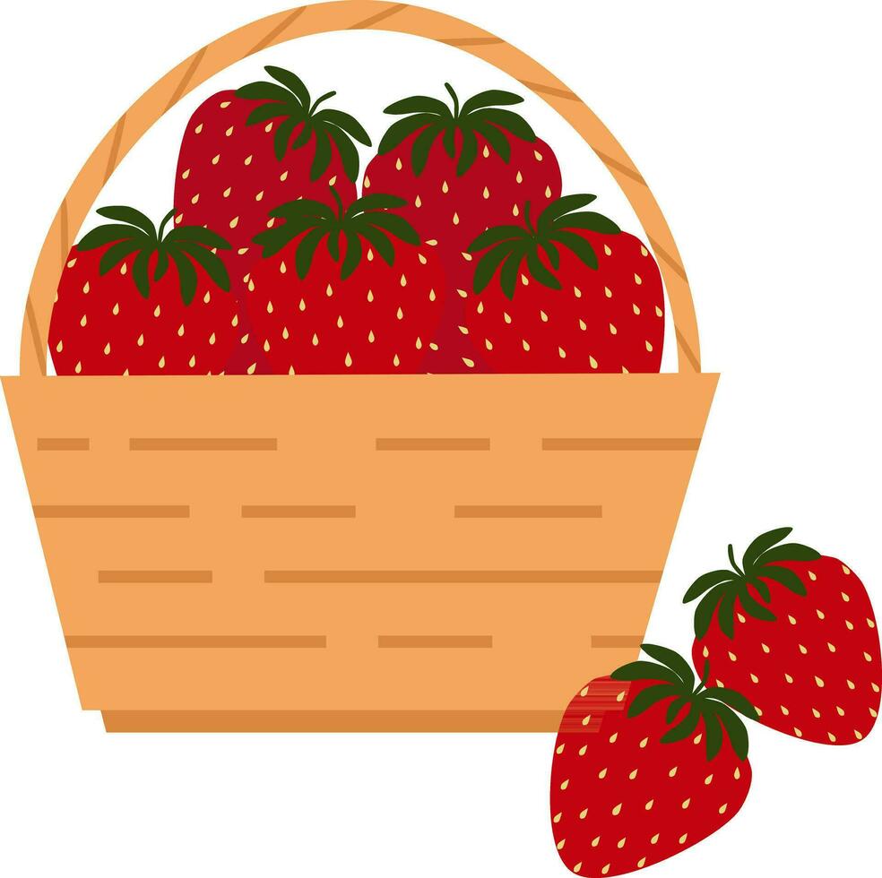 Vector illustration of straw basket with strawberries in cartoon style
