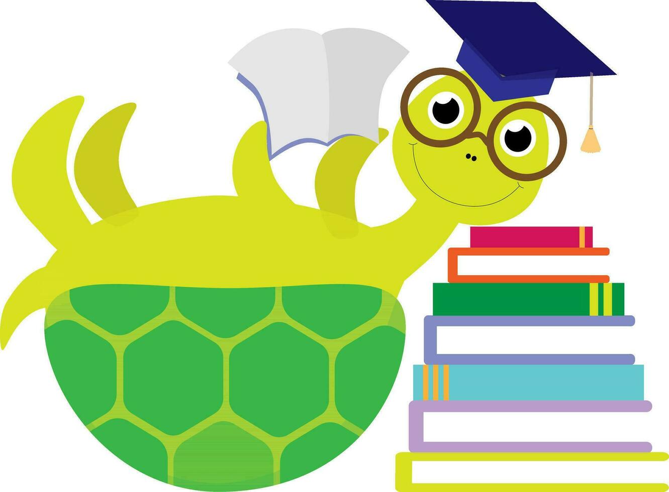 Vector illustration of cute turtle in glasses with pile of books and student cap in cartoon style. Back to school template