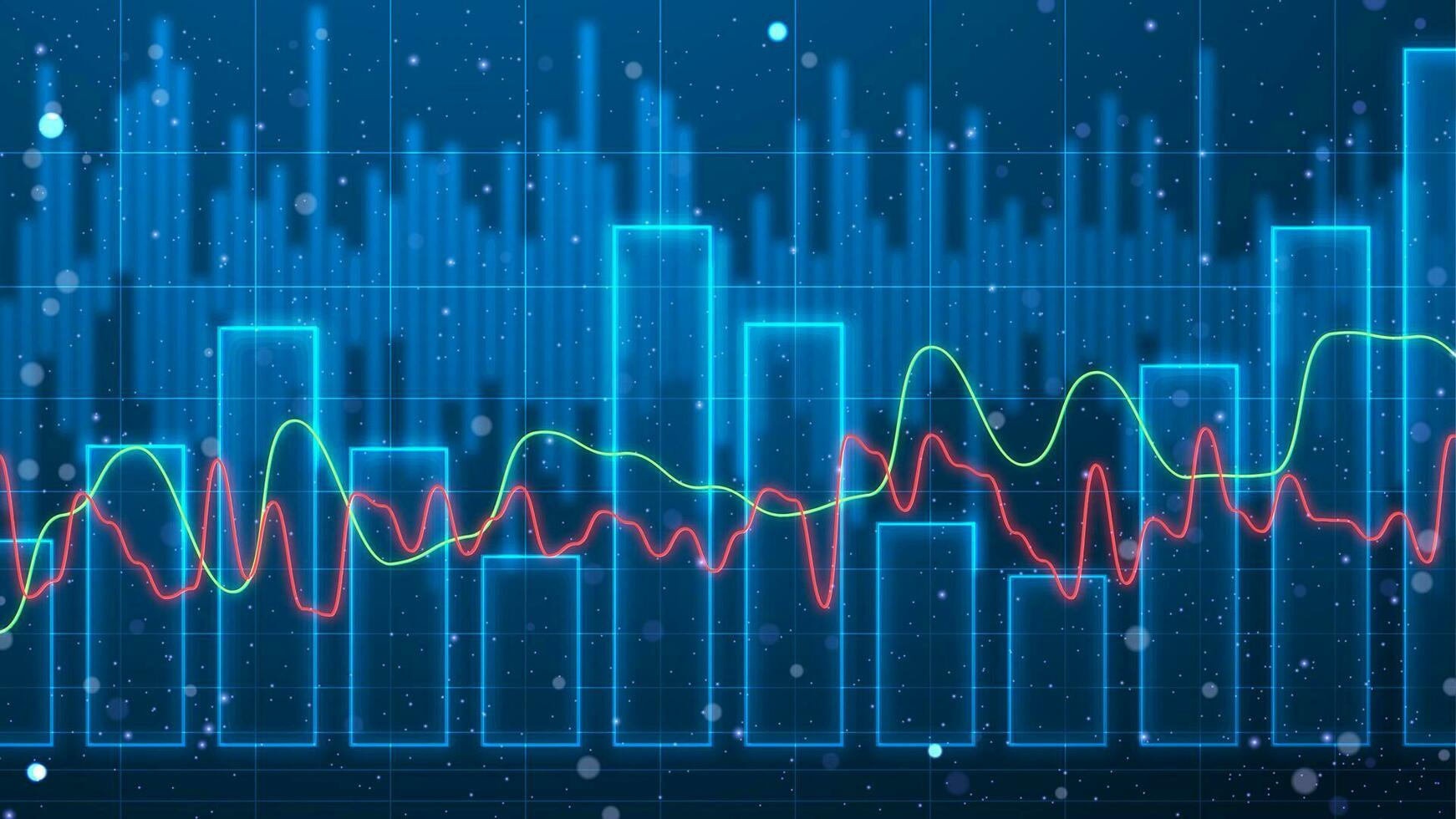 Futuristic bar chart wallpaper with red and green trend lines. Glowing financial static data illustration. Stock market digital display vector
