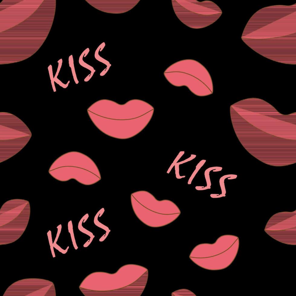 vector illustration seamless pattern pink lips with inscription kiss on black background