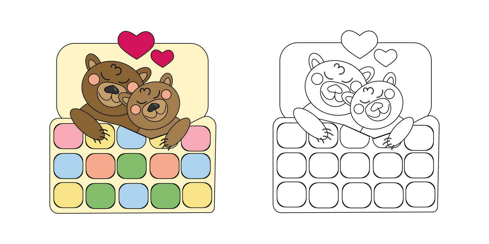 vector illustration coloring book two braun bears in love sleep under a patchwork quilt. An outline black and white drawing and a color version for an example.