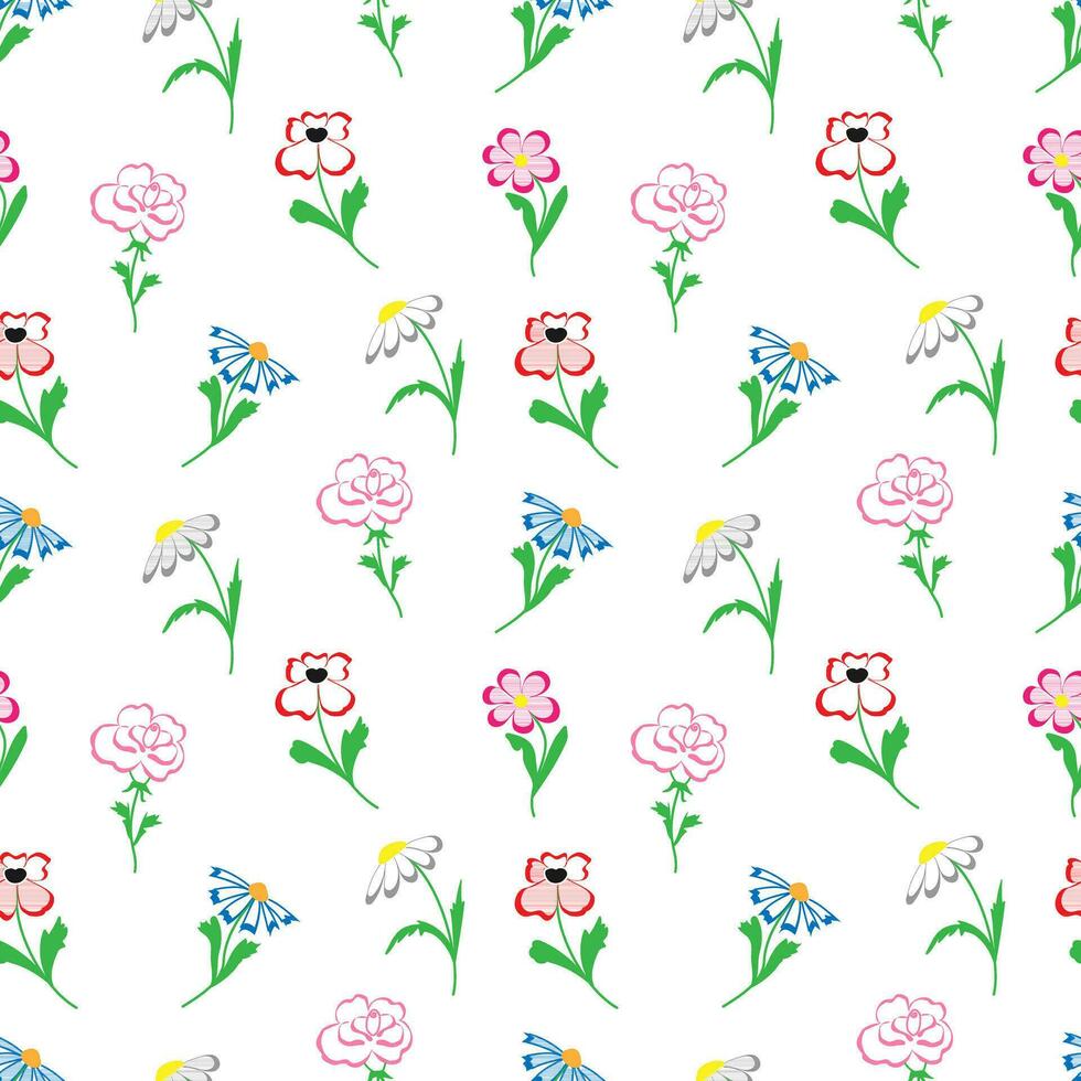 vector doodle illustration seamless pattern of summer flowers isolated on white background. Rose, cornflower, poppy, petunia, chamomile