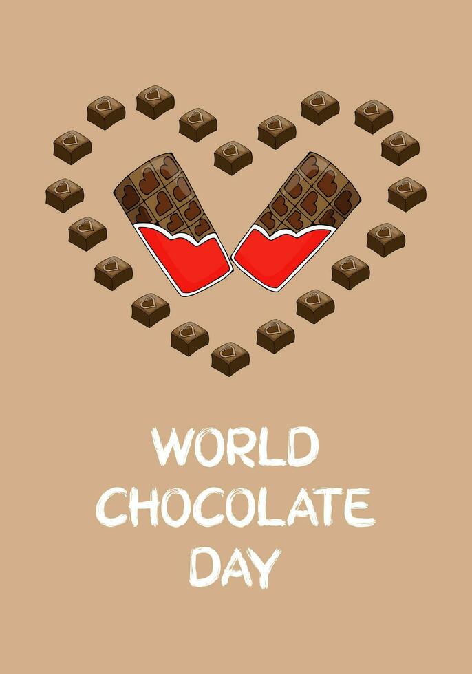 vector illustration festive card for world and international chocolate day - heart made of sweets and chocolate bars
