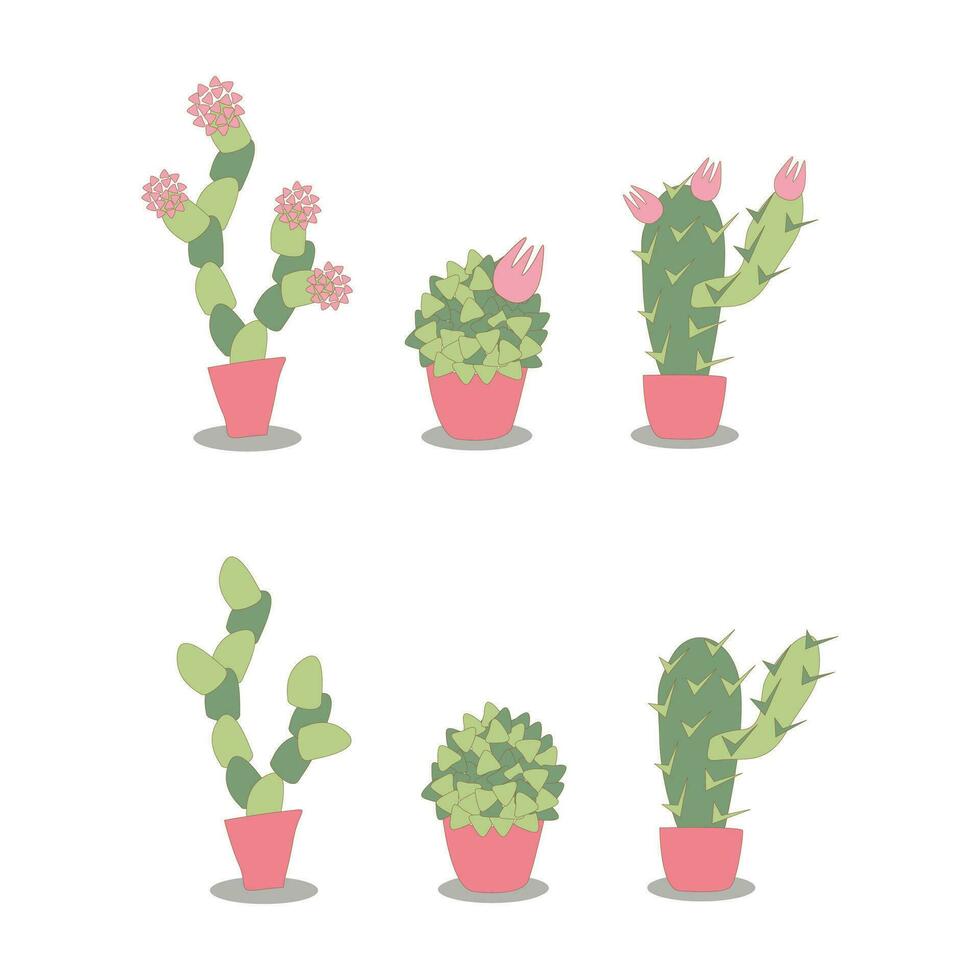 vector ilustración conjunto de estilizado interior cactus suculentas en coral ollas floreciente y sin floración.