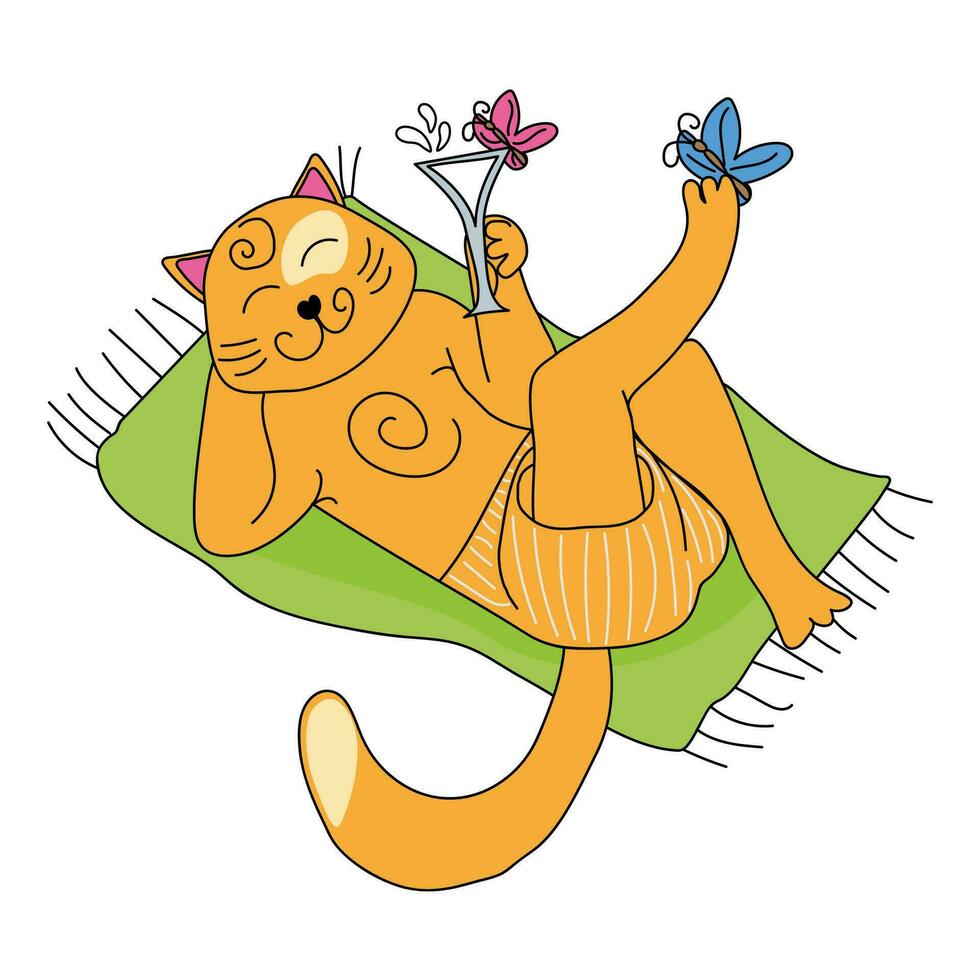 vector illustration doodle cartoon funny red cat sunbathing on a towel with a milkshake in his paw, two butterflies next to him