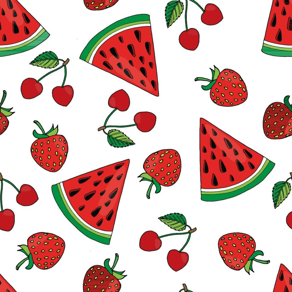 vector illustration of seamless pattern summer fruits, berries. Watermelon slices, strawberries and cherries on a white background