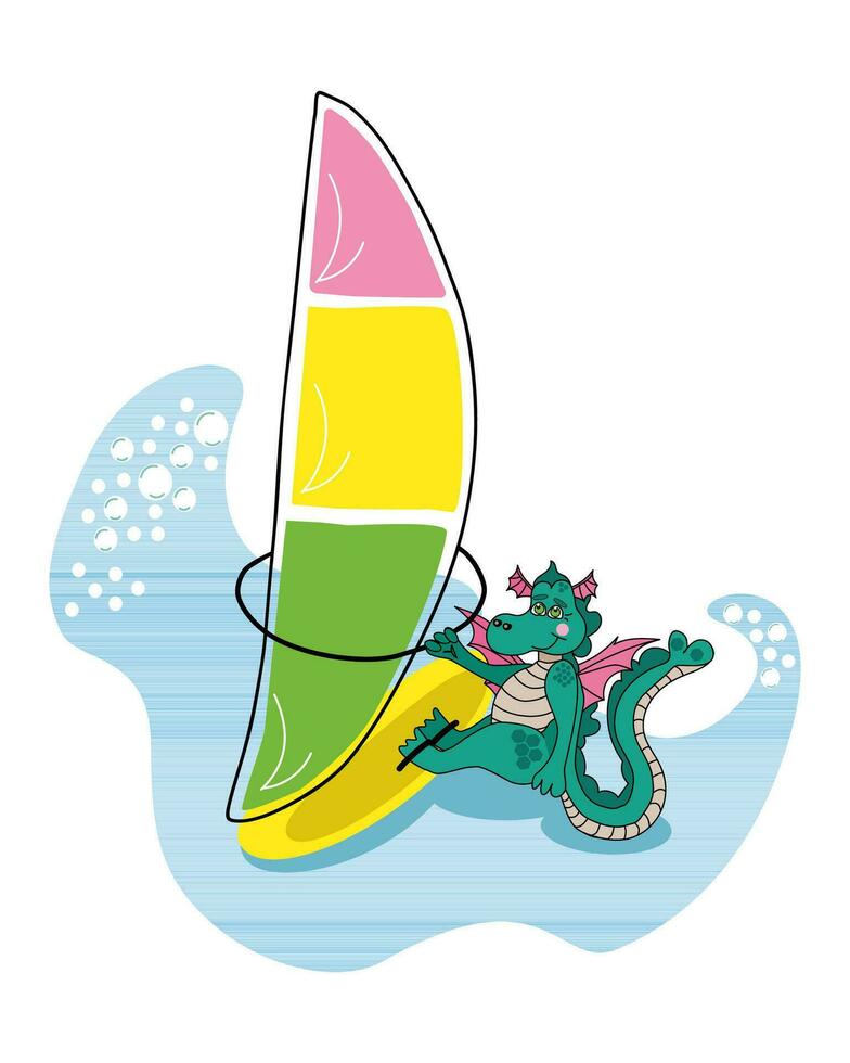 vector cartoon illustration of a doodle dragon is windsurfing. Dragon windsurfer sailing on the sea