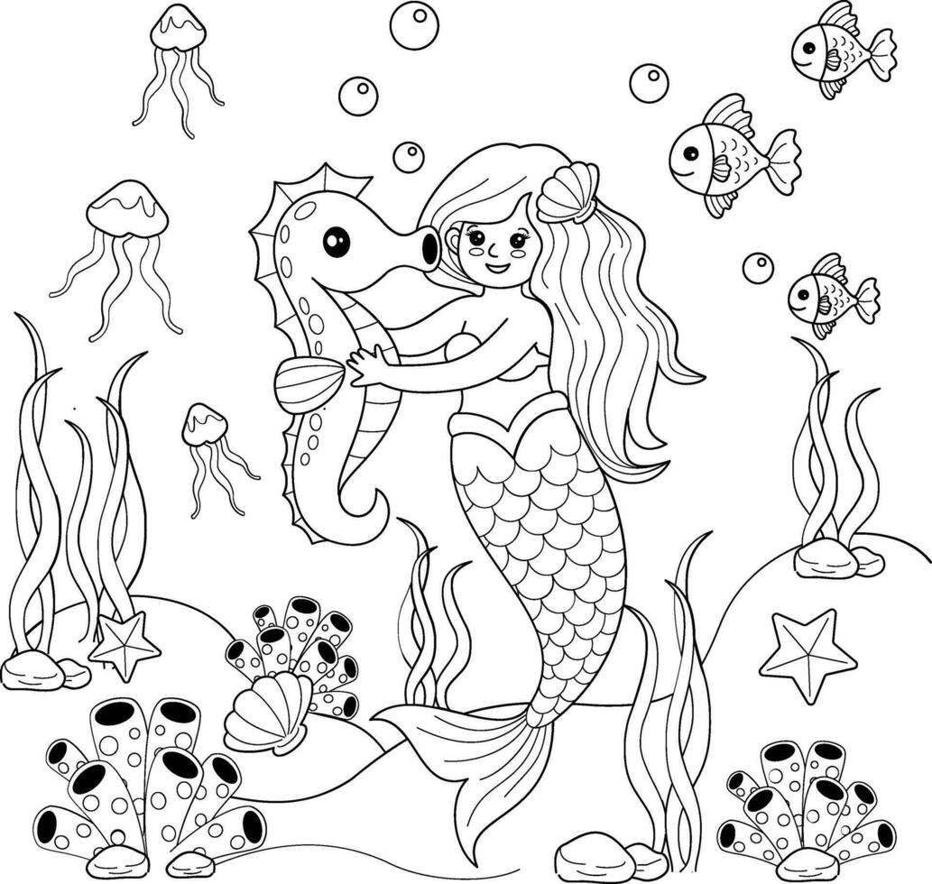 Cute mermaid in the sea. Underwater world. Coloring book for children. vector