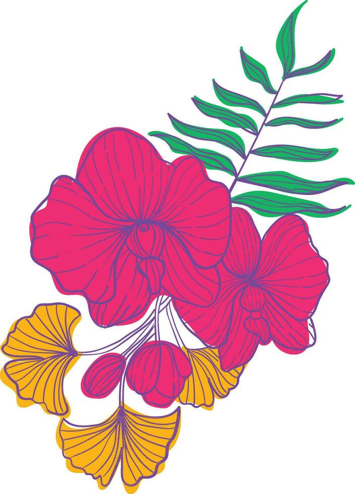 Bouquet of red flowers and green leaves. Vector illustration.
