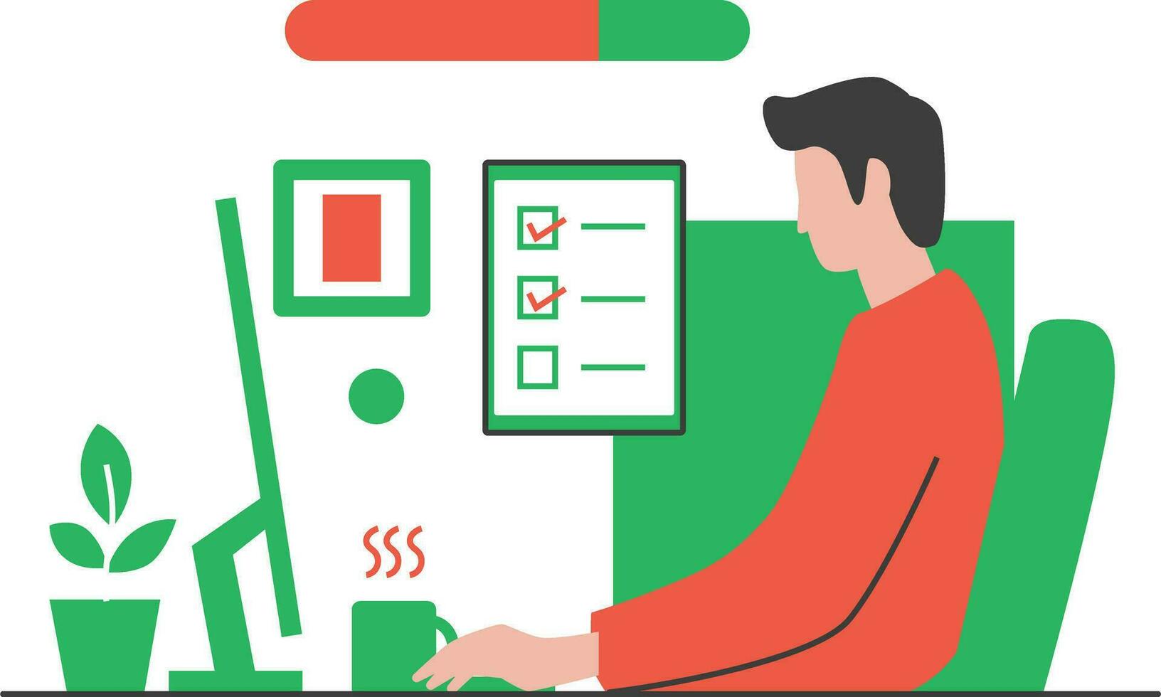 Man working at home with computer. Vector illustration in flat style.