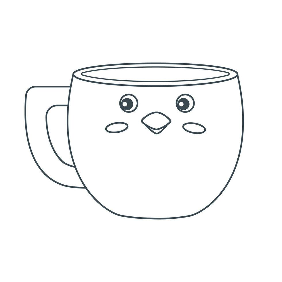 Dishes. A blue mug in the shape of a cute bird. Line art. vector