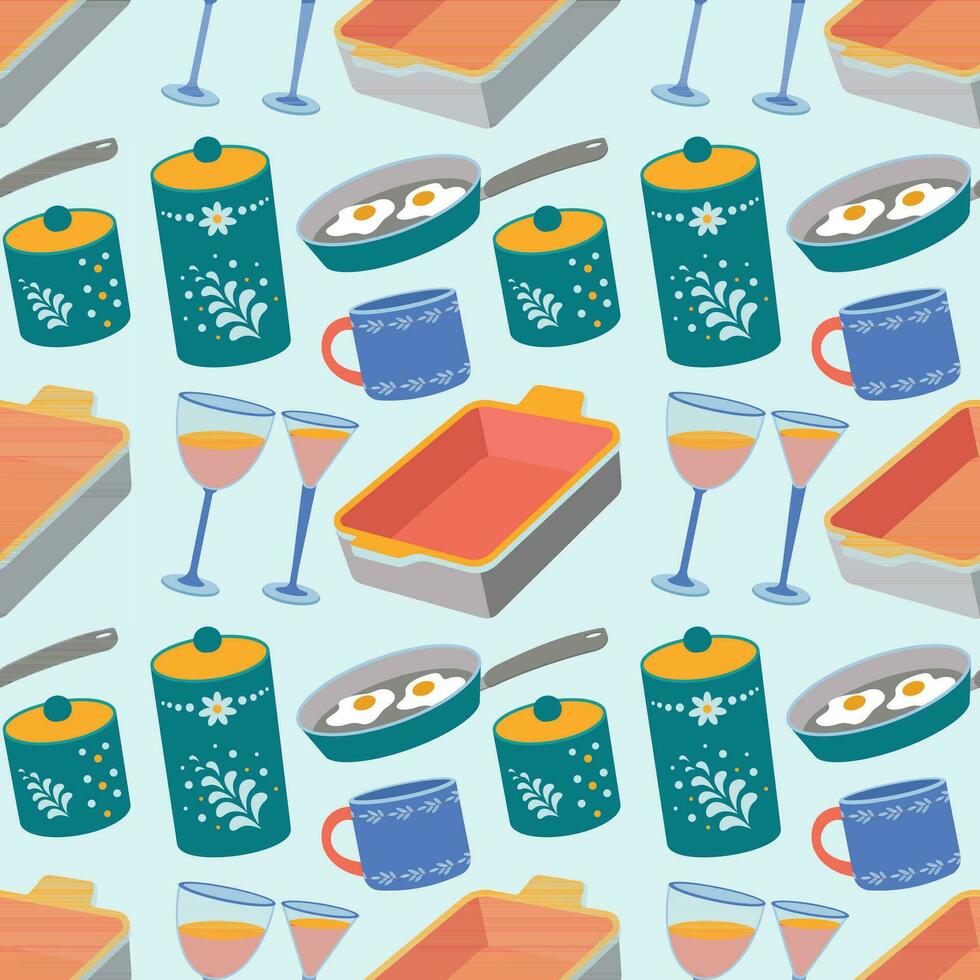 Pattern of kitchen utensils, pan, mug, sugar bowl, wine glasses. vector