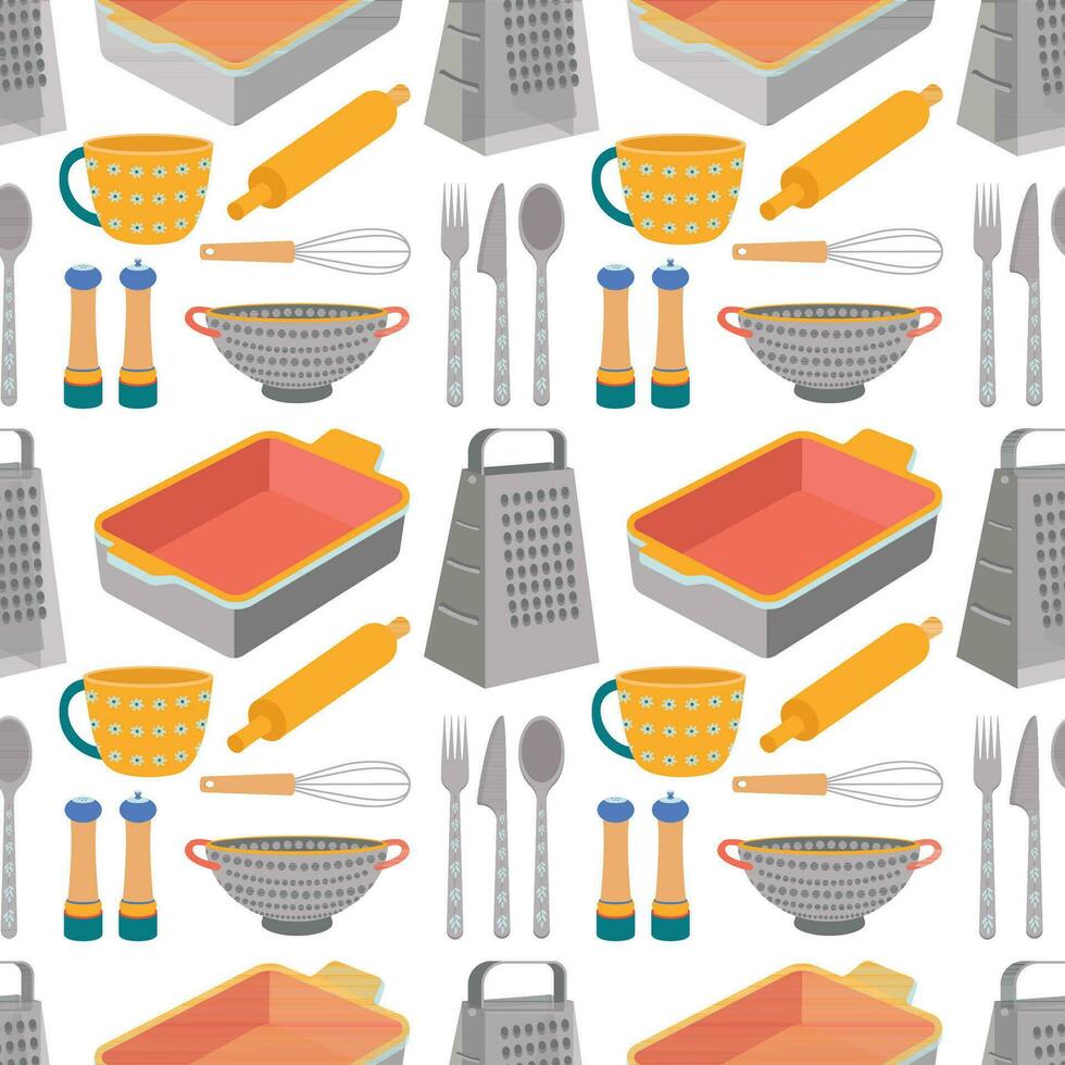 Pattern of kitchen utensils, pan, spoon, fork, knife, mug, whisk, baking dish, colander, grater. vector