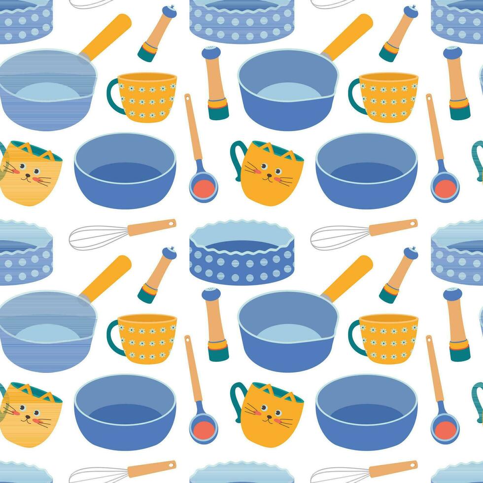 Pattern of kitchen utensils, pan, spoon, mug,  whisk, ladle, plate, bowl, salt shaker. vector