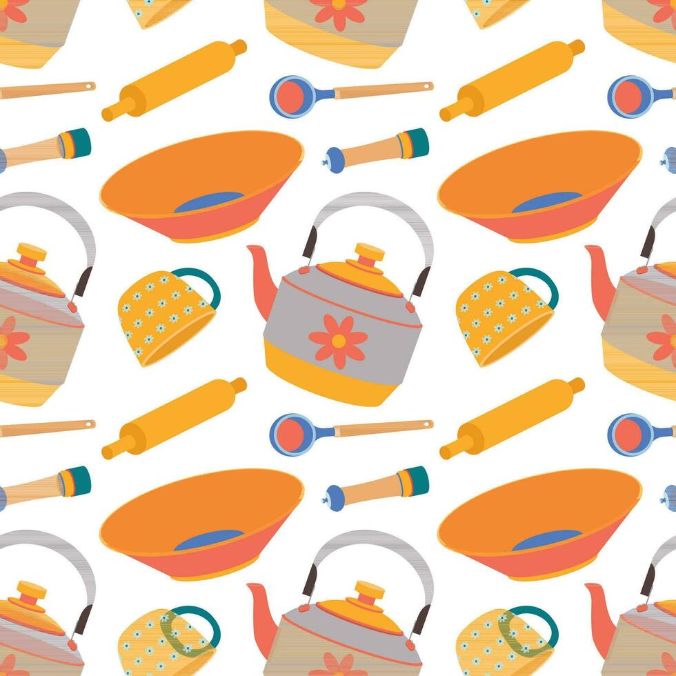 Pattern of kitchen utensils, kettle, mug, ladle, plate, bowl. vector