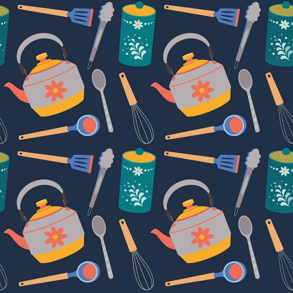 Pattern of kitchen utensils, spoon, kettle, whisk, ladle. vector