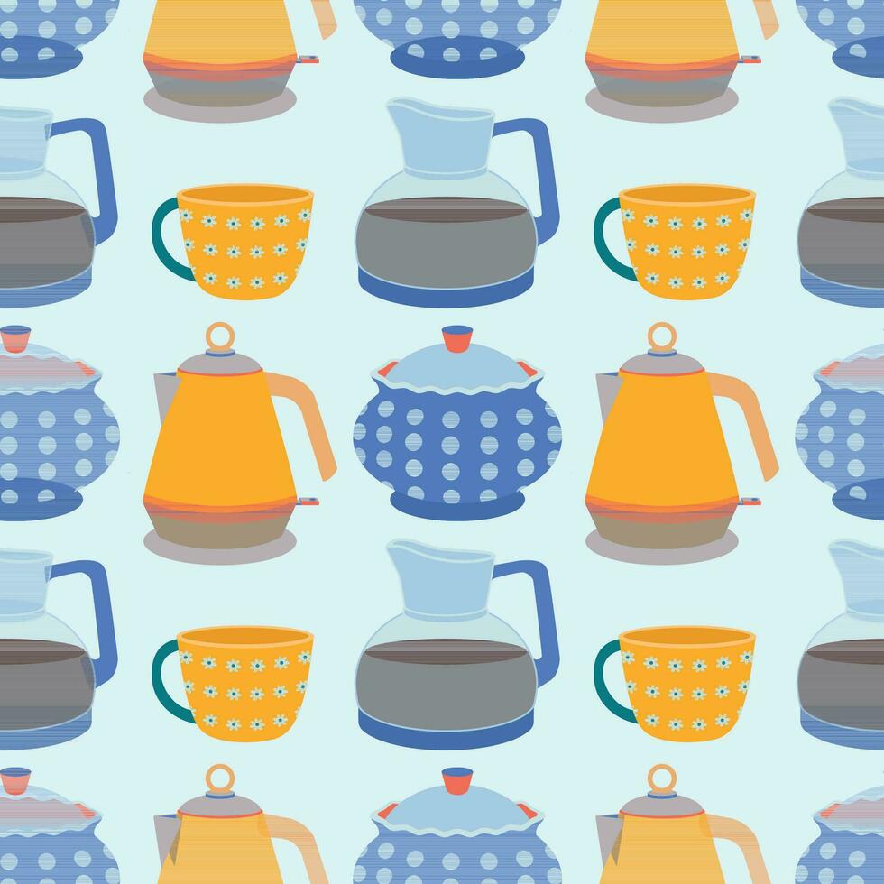 Pattern of kitchen utensils, kettle, coffee maker, mug, sugar bowl. vector