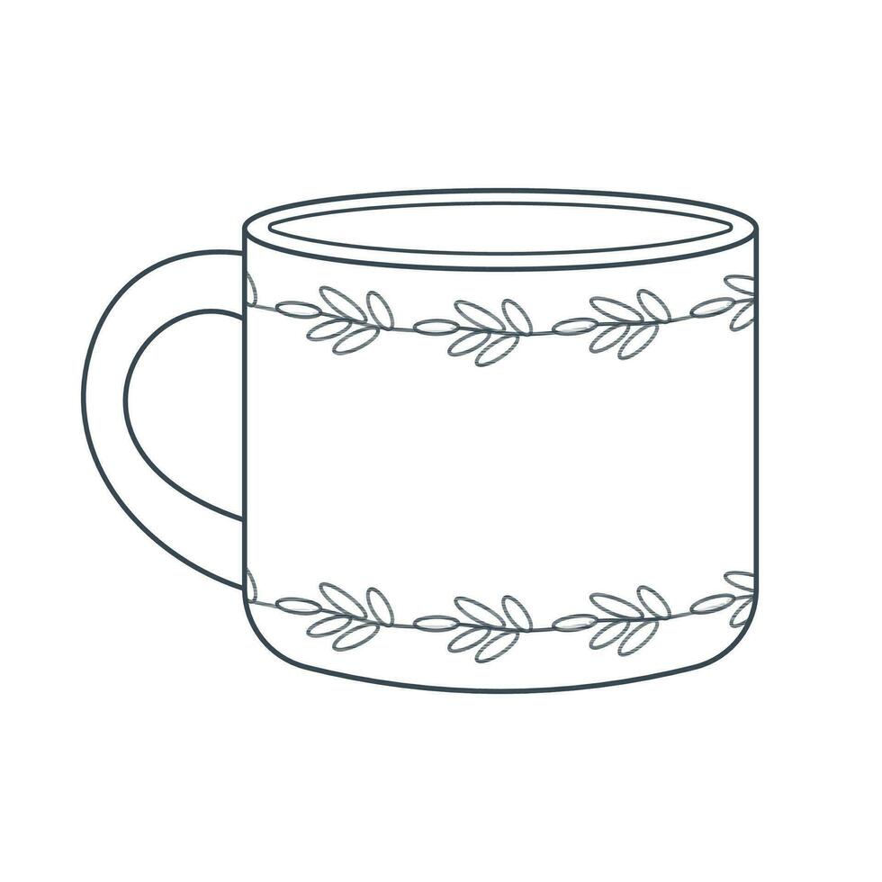 Dishes. Blue mug with floral ornament. Line art. vector