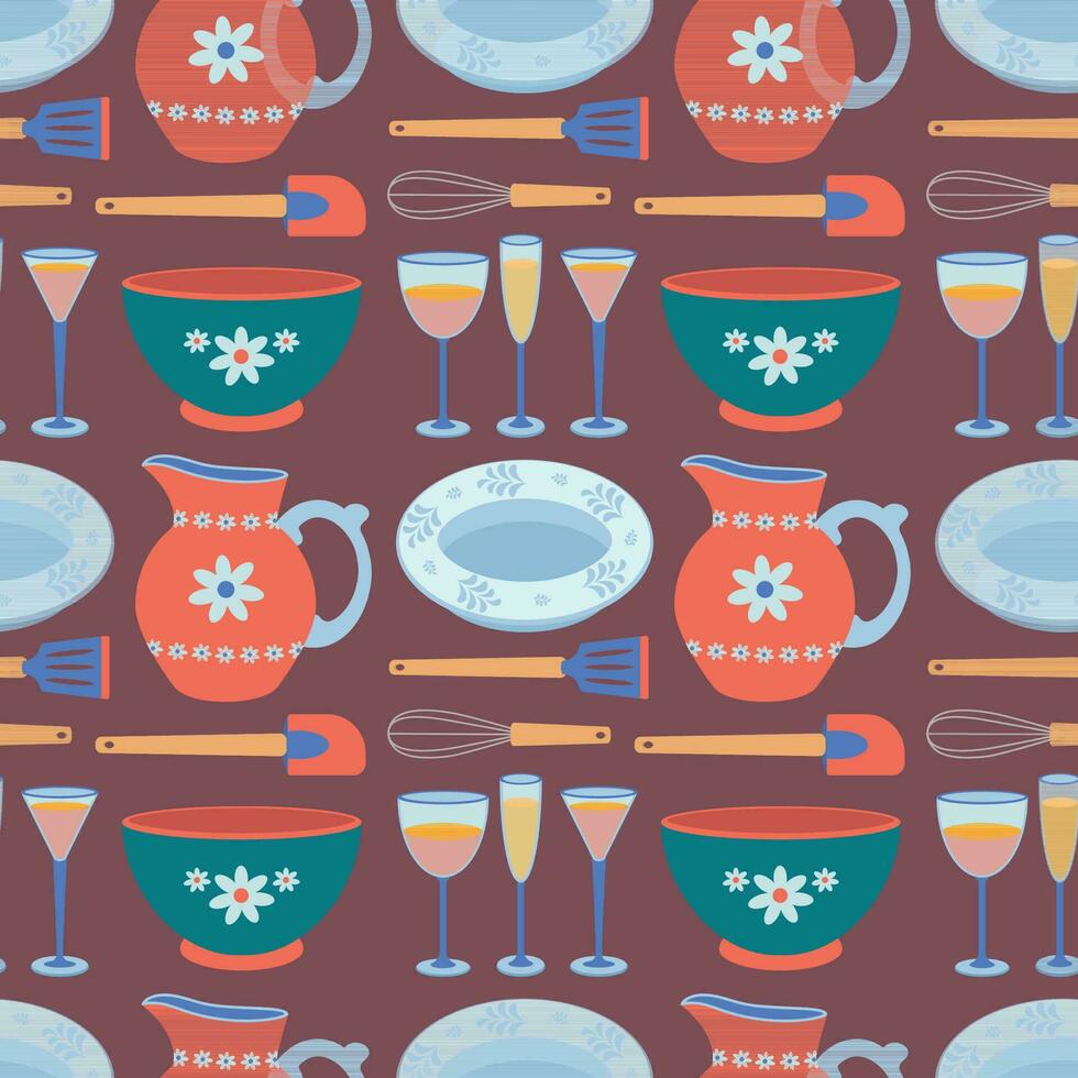 Pattern of kitchen utensils, whisk, plate, bowl, wine glasses, spatula. vector