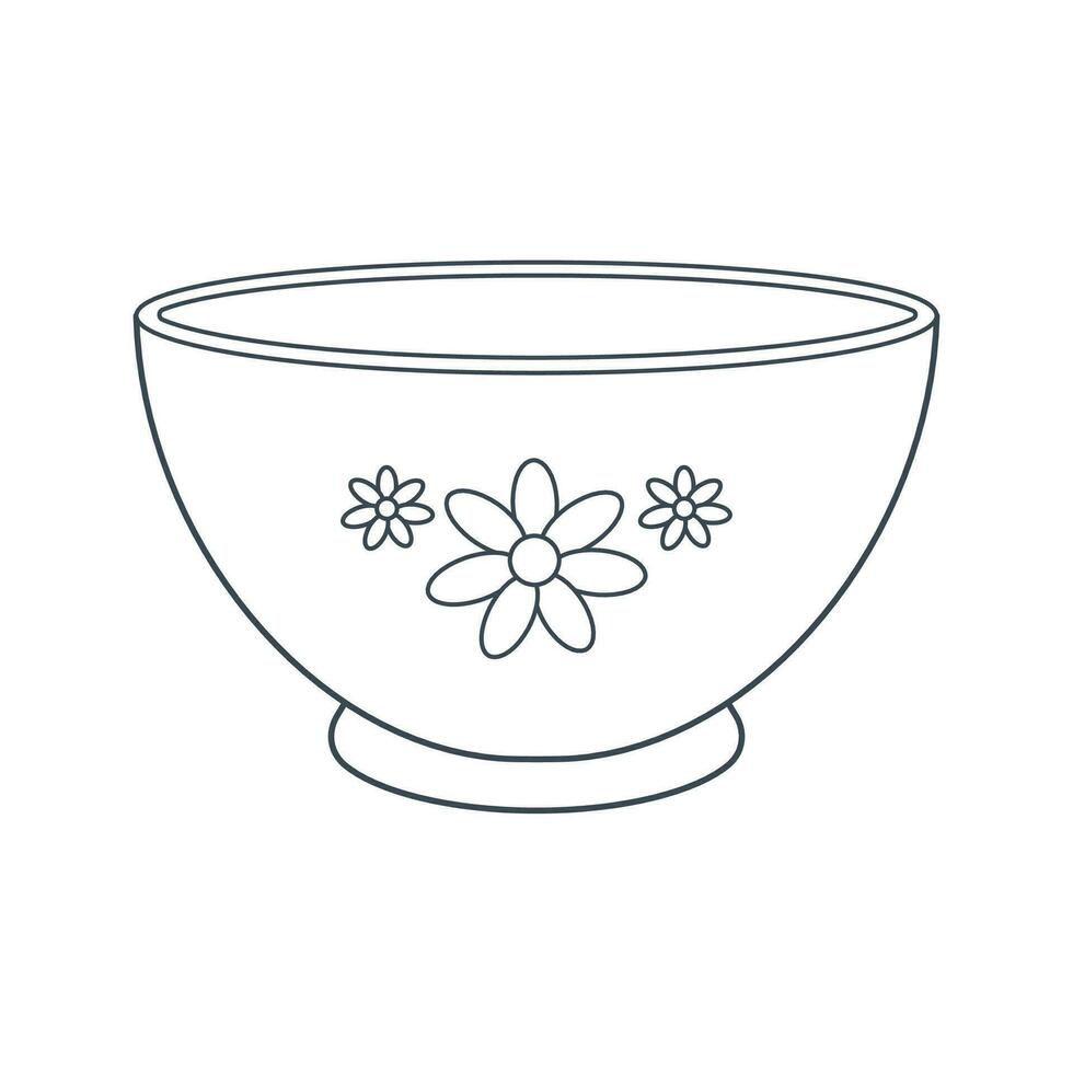 Dishes. A deep bowl for salad with a floral ornament. Line art. vector