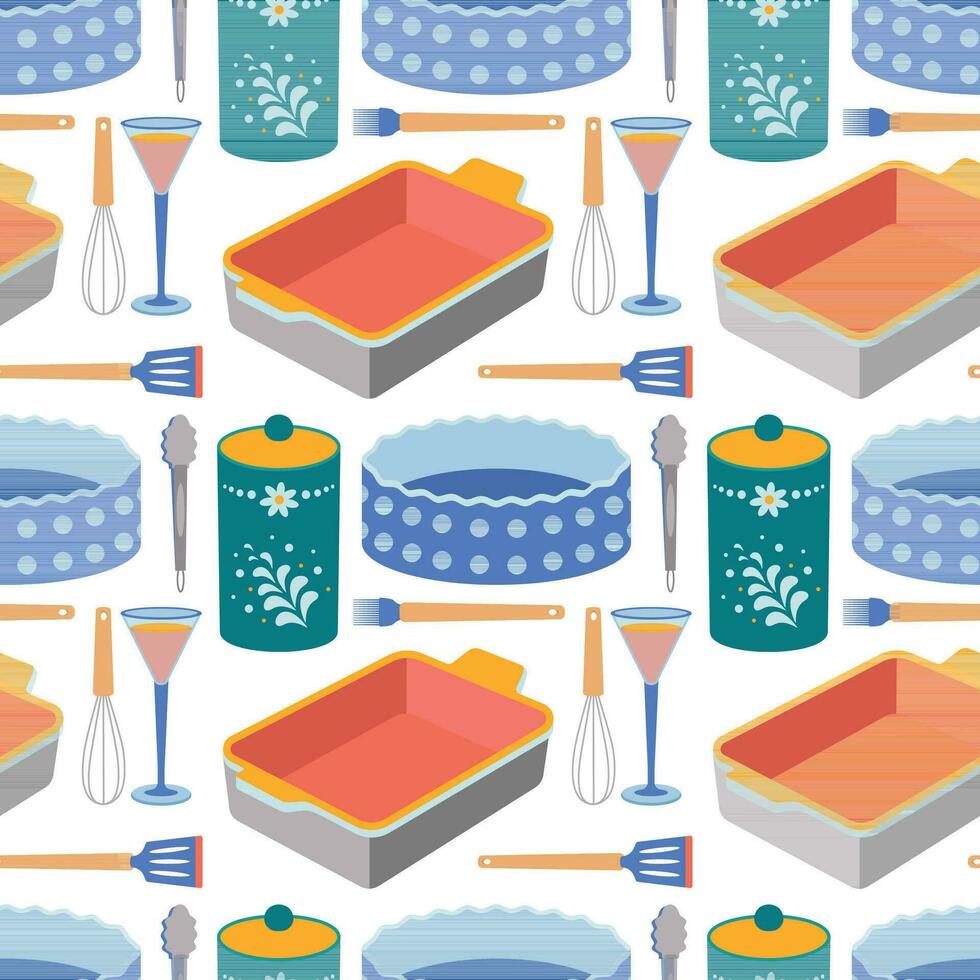 Pattern of kitchen utensils, pan, sugar bowl, whisk, baking dish, wine glasses, spatula. vector