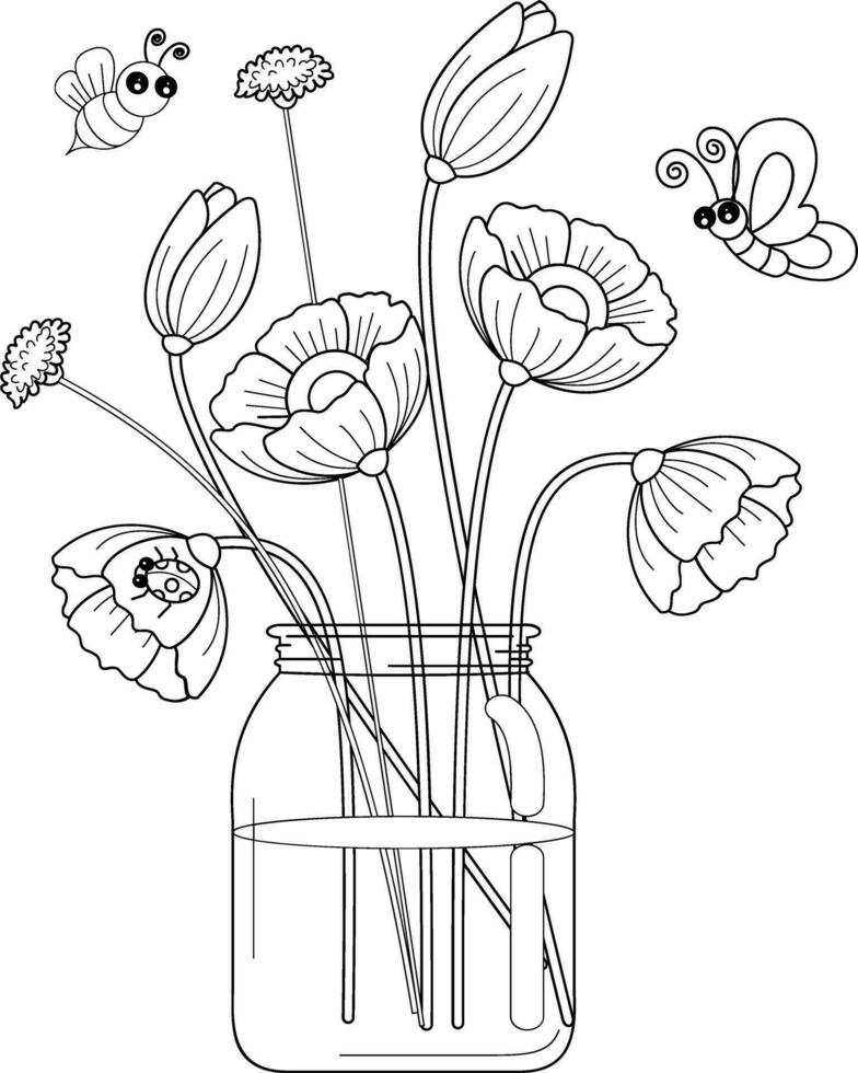 Flowers in glass vase with butterfly. Hand drawn vector illustration