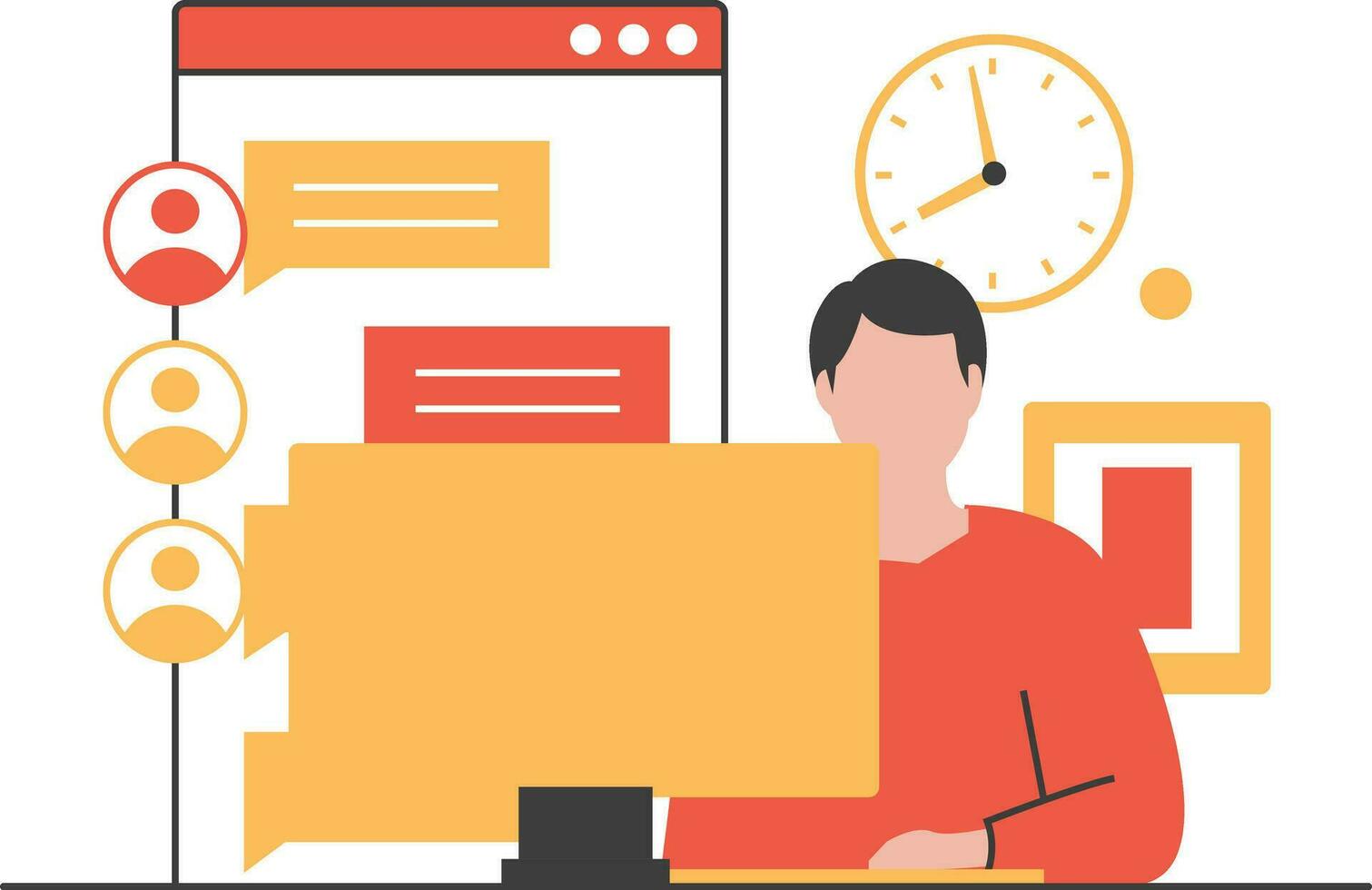 Flat design vector illustration concept of remote work. Man working on laptop  in office.