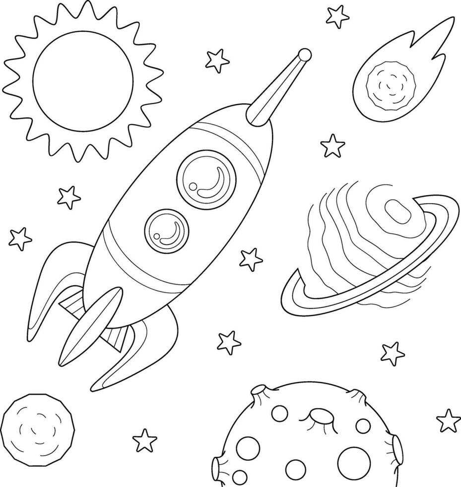 Space rocket, planets, stars and sun. Coloring book for children. Vector illustration.