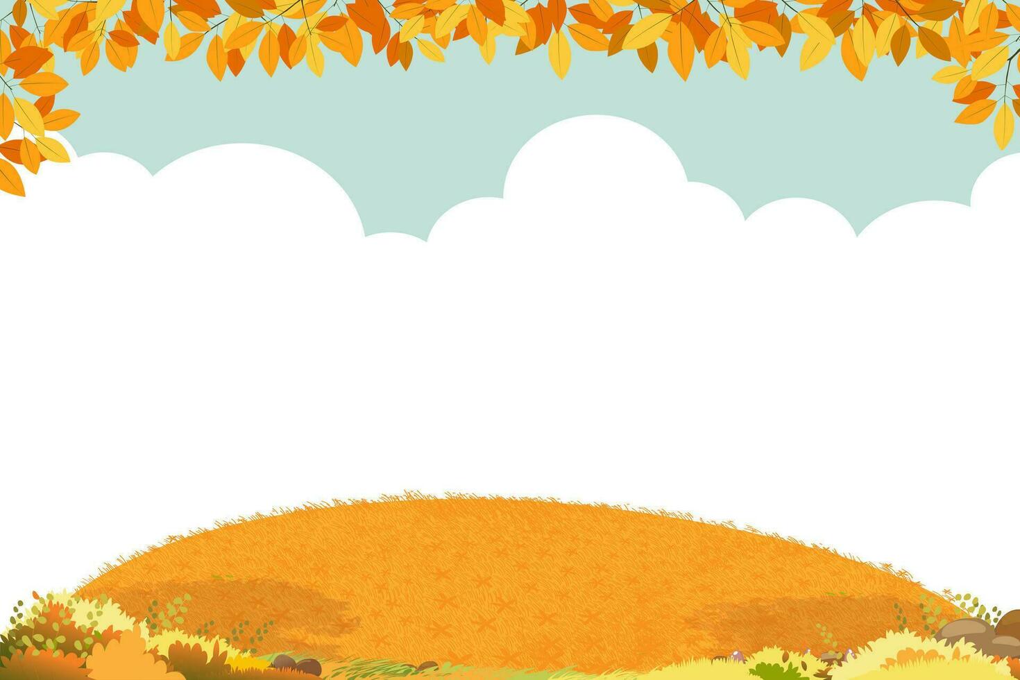 Autumn background with rural grass field landscape, maple leaves border on cloud and blue sky background,Vector cute cartoon with copy space for Hello Autumn,Thanksgiving,Mid Autumn Banner Sale,Promo vector