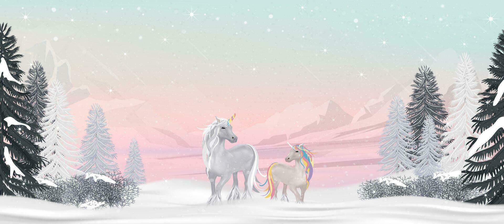 Christmas background,New year 2024 Card ,Winter Scene landscape with Unicorn standing Snow falling on pastel pink, blue Sky background,Vector Fantasy cute cartoon unicorn family in winter forest vector