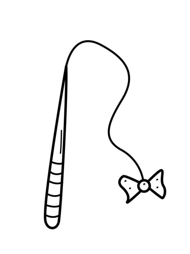 A pet toy for a cat or dog. Fishing rod with a bow. Vector doodle illustration of isolate on white.