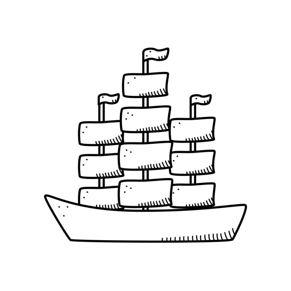 Ship sailboat vector doodle icon. A single illustration of a pirate frigate. Isolate on a white background.