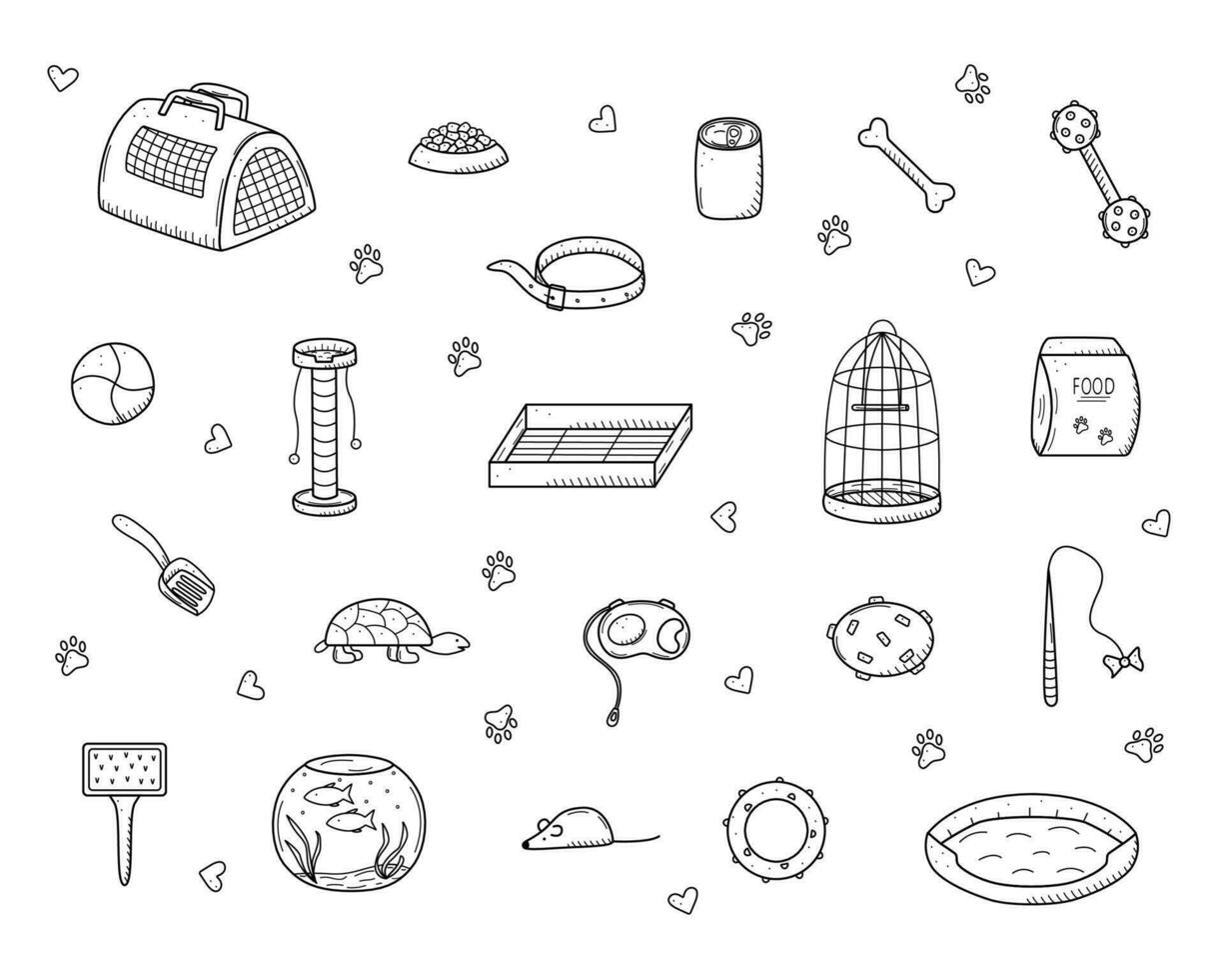 mascota Tienda garabatear, un conjunto de íconos de bienes para el animal almacenar. vector ilustración.