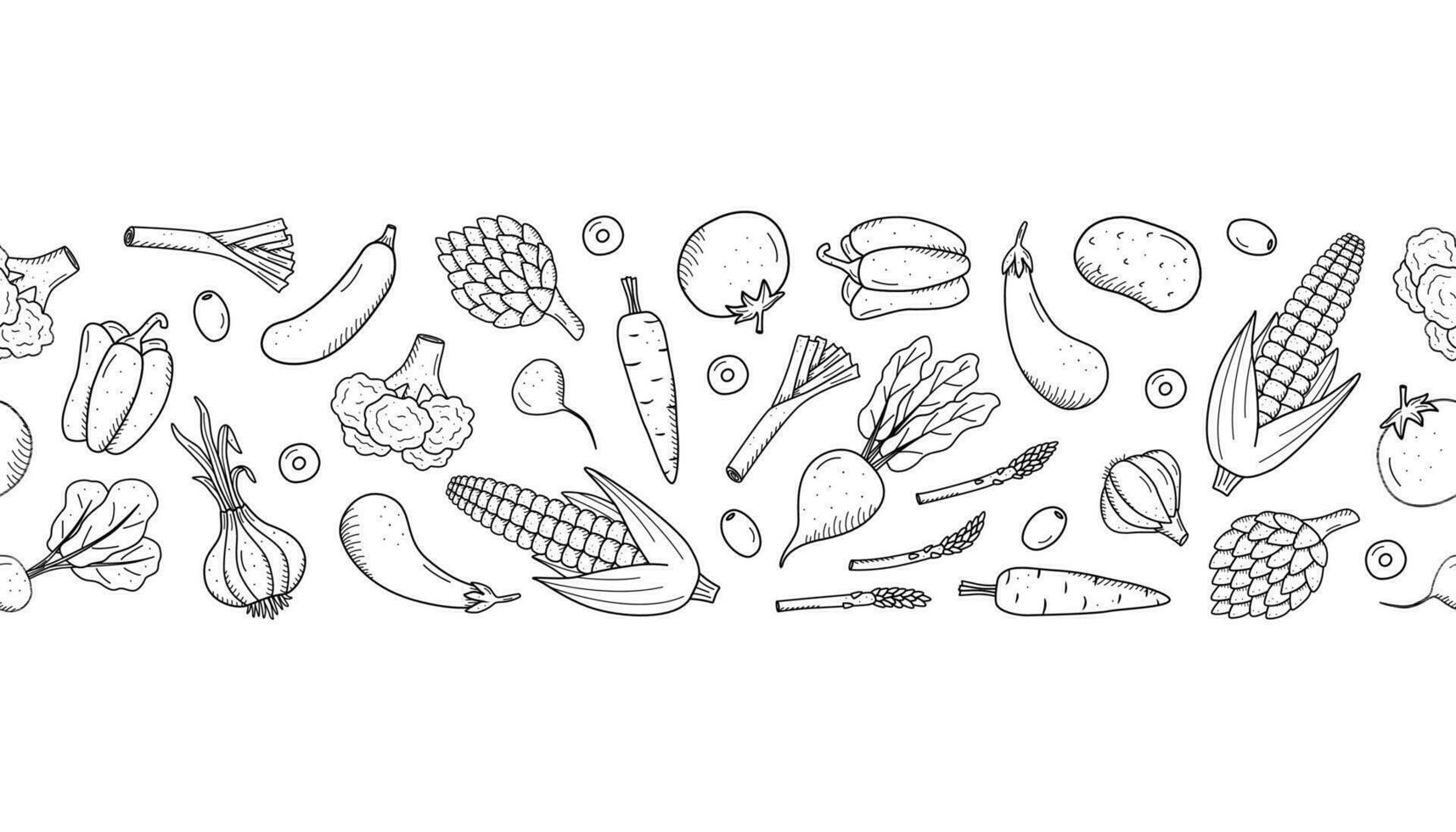 Seamless Pattern of drawing vegetables in doodle style. A set of vector illustrations of the harvest corn potatoes carrots radishes beets garlic onions tomatoes, etc.