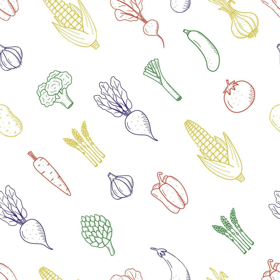 Seamless Pattern of drawing vegetables in doodle style. A set of vector illustrations of the harvest corn potatoes carrots radishes beets garlic onions tomatoes, etc.