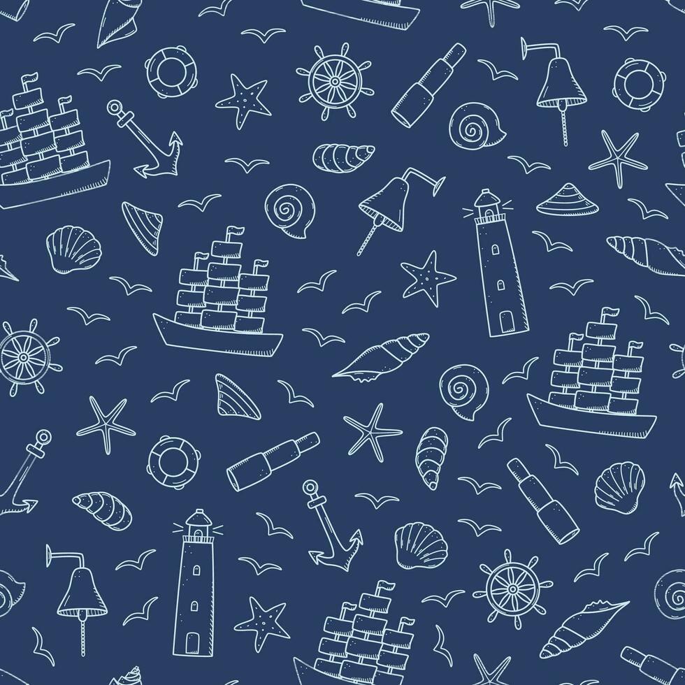 Seamless pattern doodle icons of sea life. Ship telescope shells, lifebuoy anchor steering wheel bull, lighthouse and seagulls. Vector illustration, symbols of sailors or pirates.