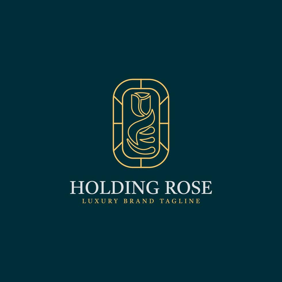 Abstract luxury line logo of a hand holding a rose vector