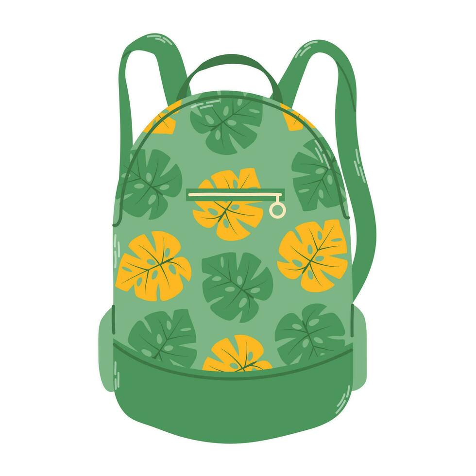 Isolated summer travel green bagpack with floral pattern in flat hand drawn vector style on white background. Stylish modern design.