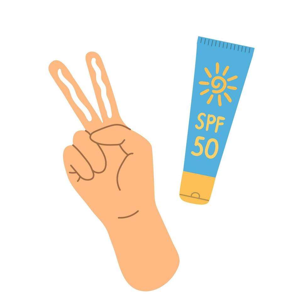 Isolated hand with two fingers applying SPF cream and tube in flat hand drawn vector illustration on white background. Summer skincare and protection concept.