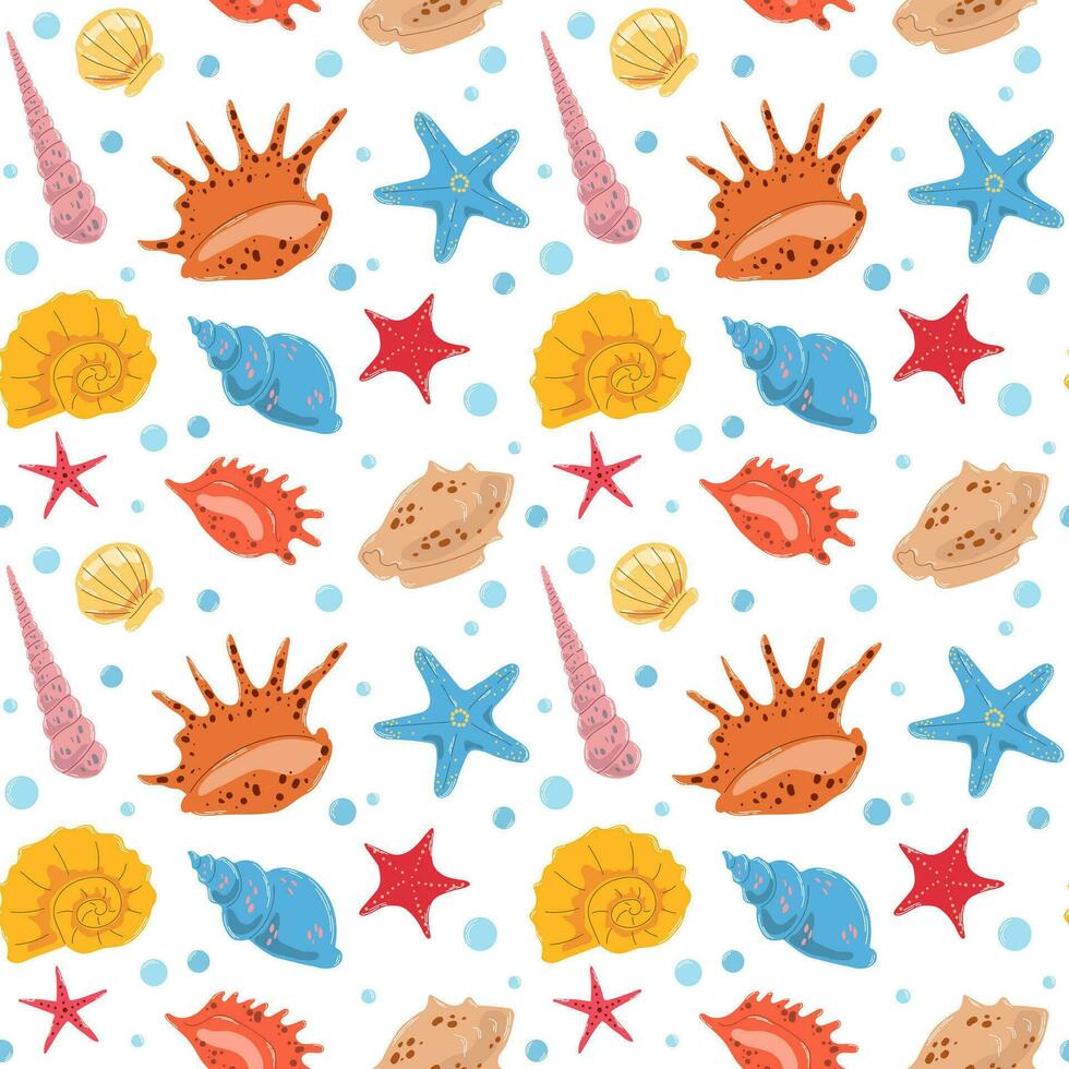 Summer seamless pattern with colorful different seashells and starfishes in flat hand drawn vector style. For design, background, textile, wallpaper, packaging