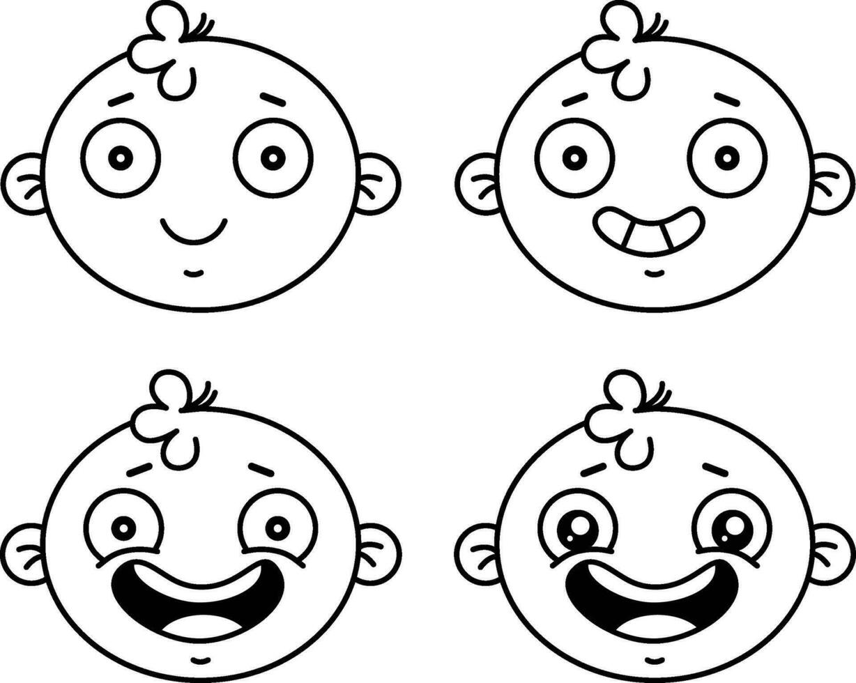 para niños caras con diferente emociones el chico sonrisas y es triste. un conjunto con emociones íconos con Delgado líneas para sitios web, aplicaciones y diseño. minimalista plano estilo. vector