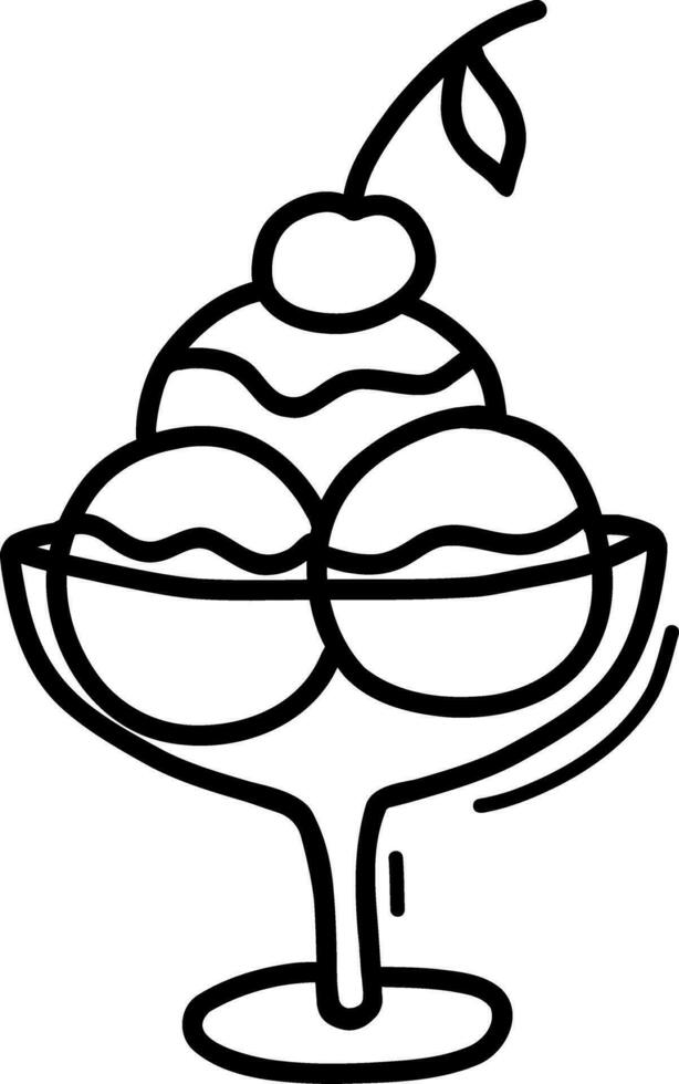 Vector illustration of ice cream in a saucer, drawn by hand contour. Cute cartoon illustration for coloring books.   An element for design, mobile devices and a web application icon.