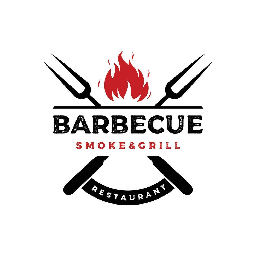 barbacoa caliente parrilla Clásico tipografía logo modelo diseño con cruzado llamas y espátula. logo para restaurante, insignia, café y bar. vector