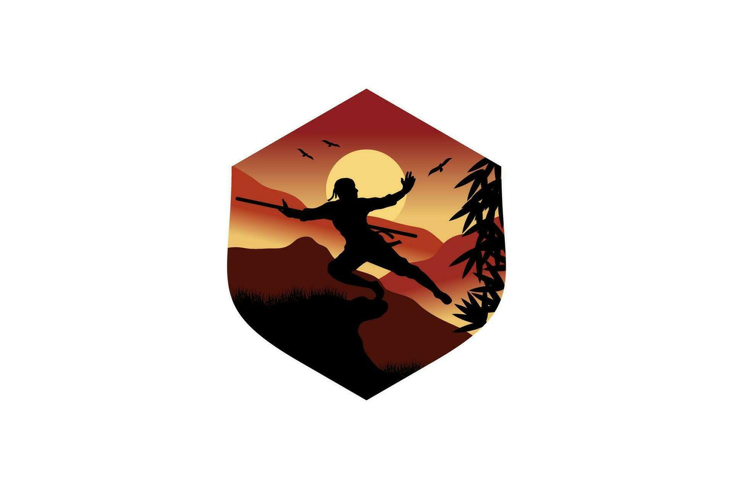 Ninja kungfu martial arts symbol logo design with natural landscape background vector