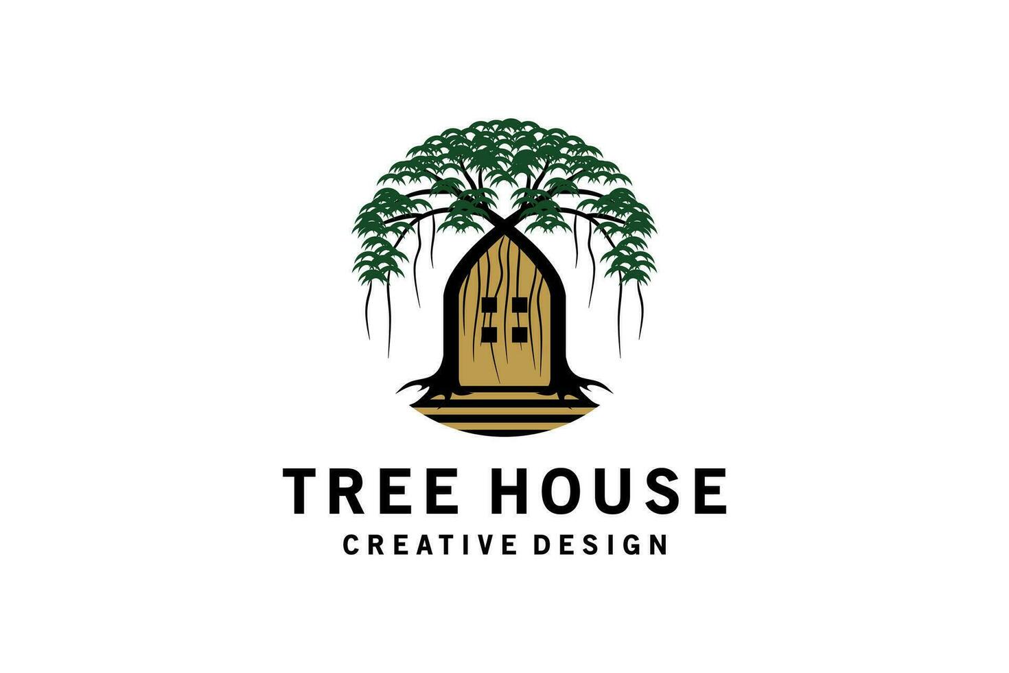 Tree house logo design, green tree log house vector illustration