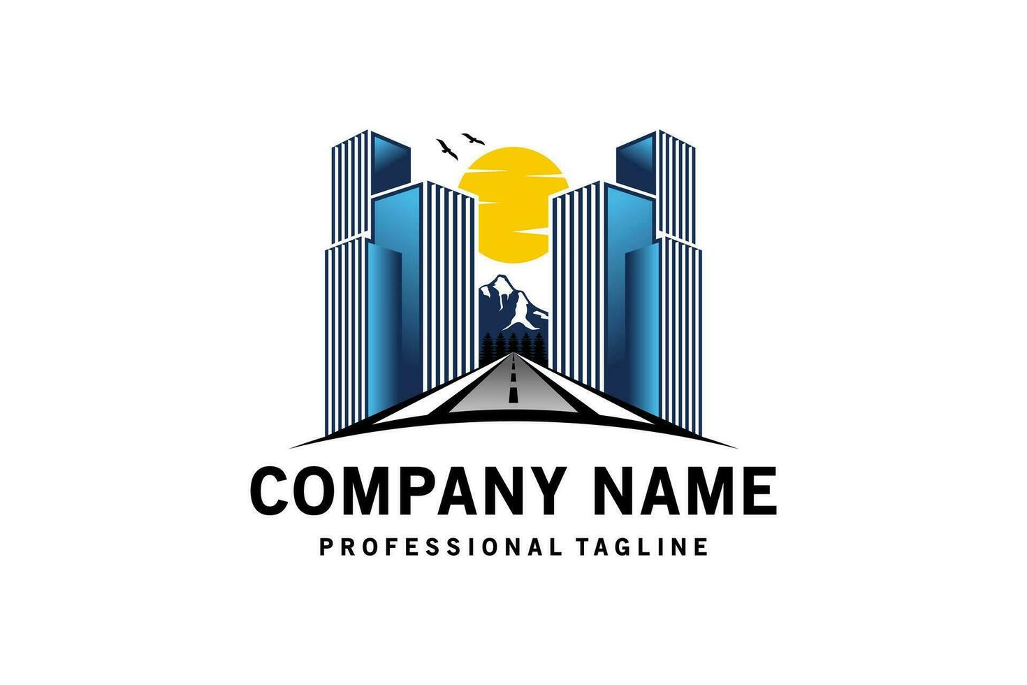 Road and building logo design, modern vector skyscraper city highway lanes