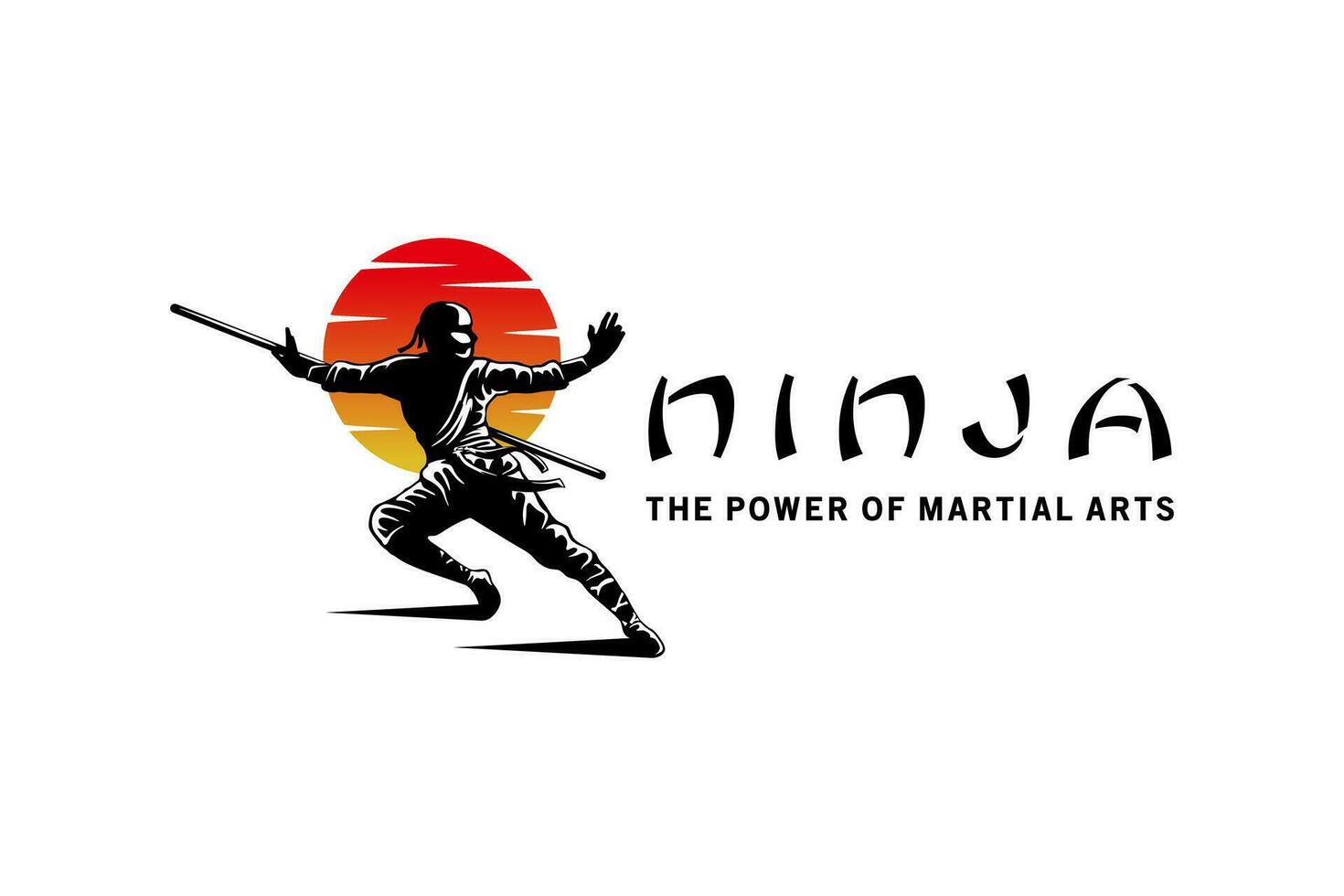 Ninja kungfu martial art symbol logo design with sunset background vector