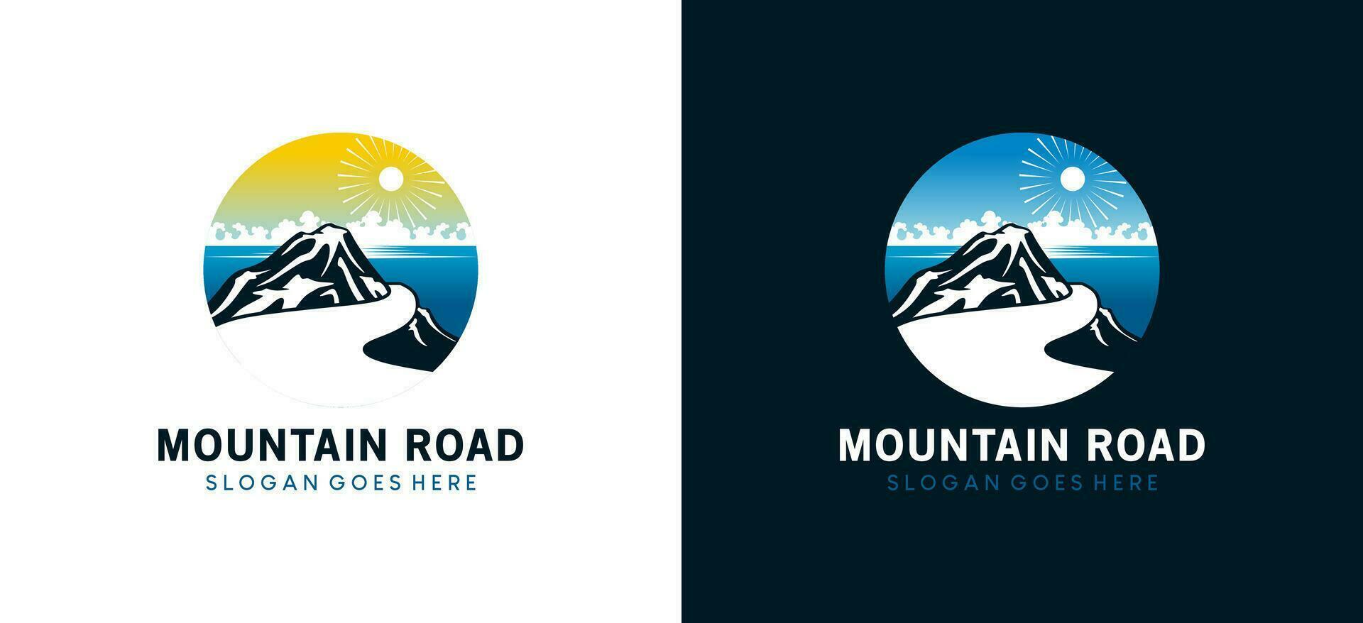 Mountain road logo design, vector illustration of mountain winding path with ocean panorama